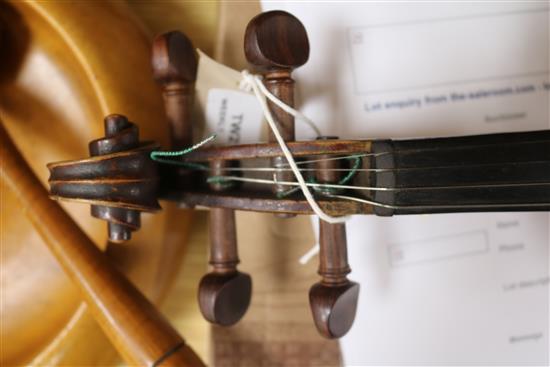 A 19th century violin, with single piece back, stamped Aubert to the bridge, L 365cm (body)